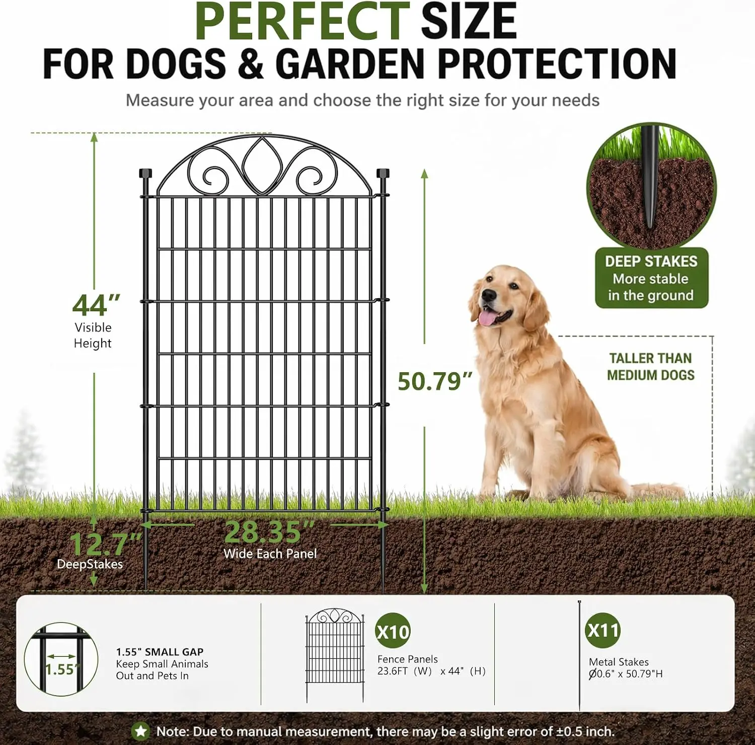 No Dig Garden Fence Outdoor for Yard, 10 Panels with Gate | 44in(H) x23.6ft(L) Rustproof Metal Animal Barrier, Temporary Dog