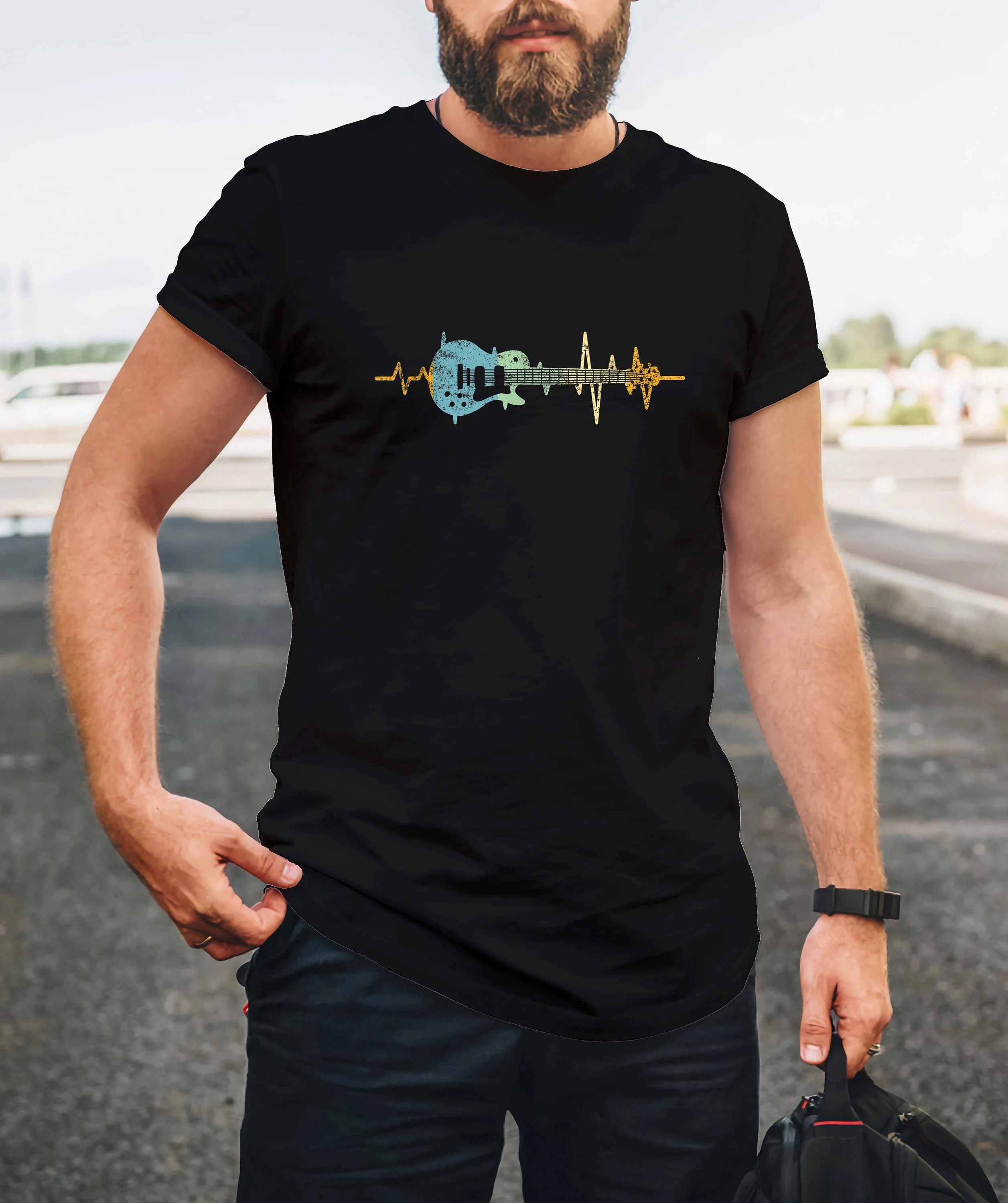 

Guitar Heartbeat Tee Retro Music Lover Gift Graphic T Shirts Retro Streetwear High-quality Crew-neck Short-sleeved Men's T-shirt