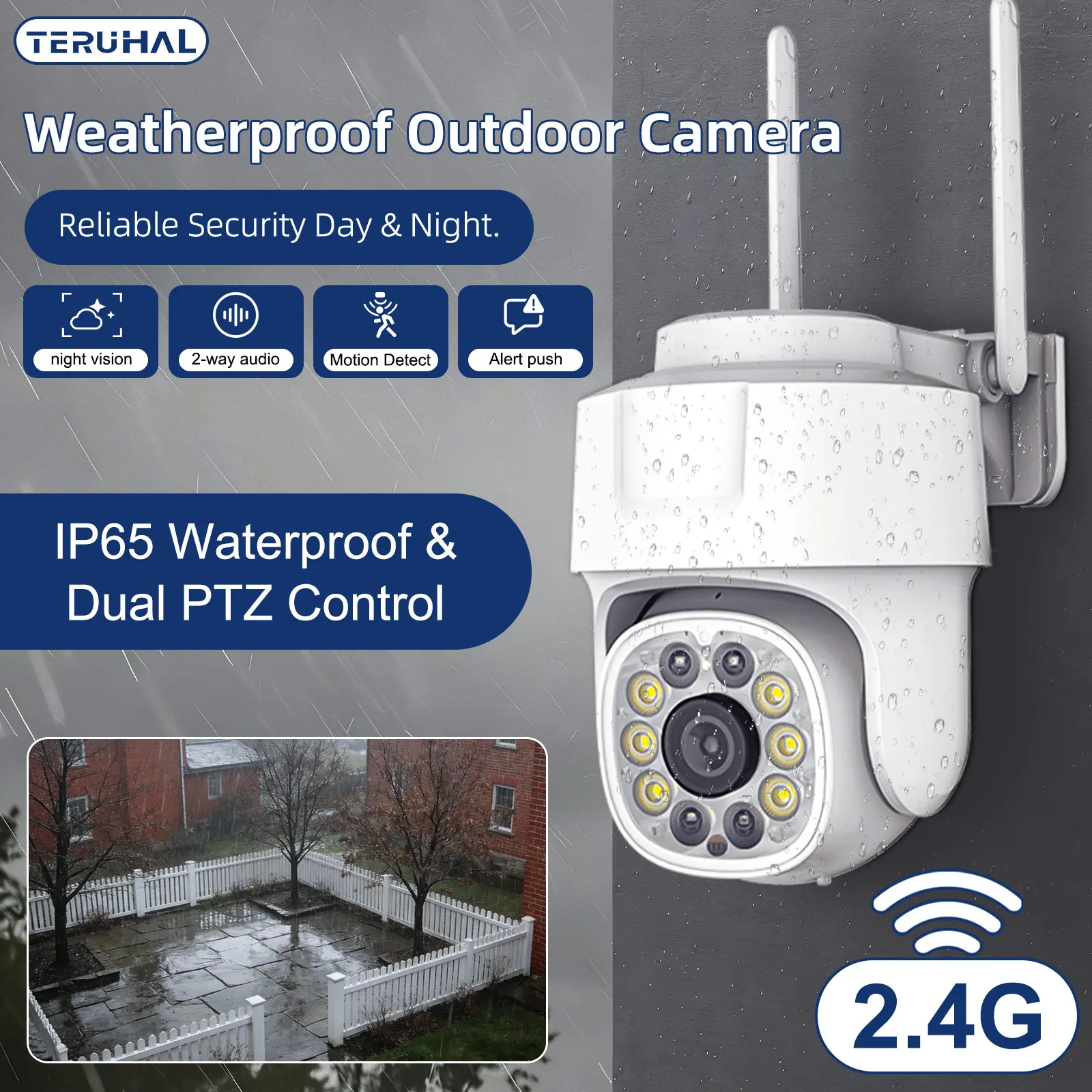 Outdoor WiFi Camera, 2.4GHz PTZ Camera, IP66 Weatherproof, 355° Pan 90° Tilt, Color/IR Night Vision, Two-Way Audio, Moti