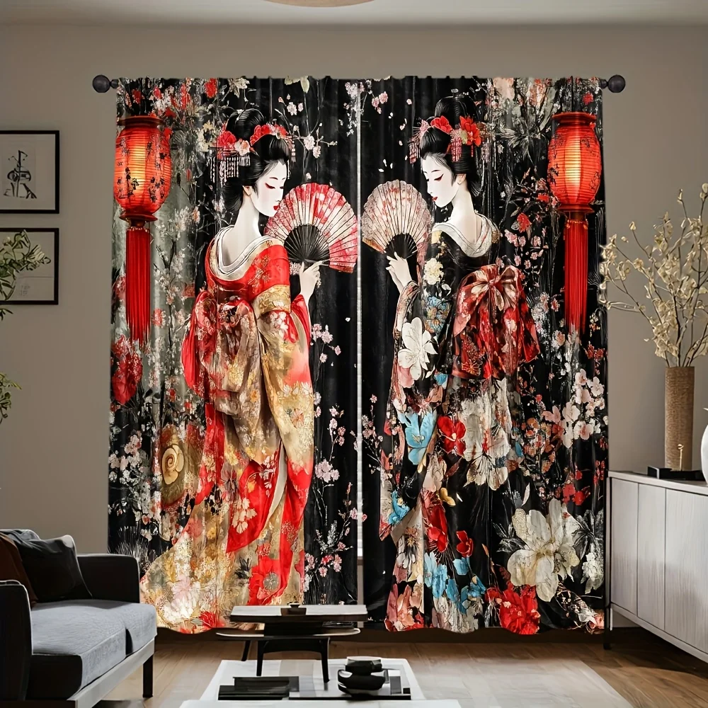 2pcs Oriental Geisha Print Curtains Red Lantern Cherry Blossom Design Traditional Japanese Style Polyester Window Drapes
