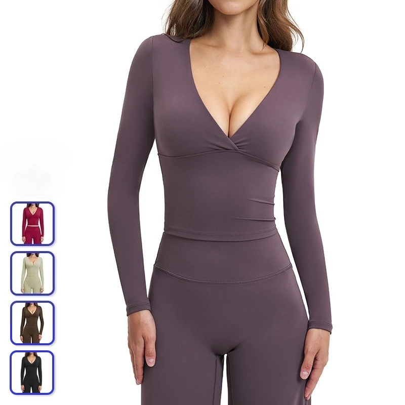 Yoga long-sleeved Top sexy V-neck yoga shirt Brushed Fabric outdoor running sports T-shirt women workout tops quick dry gym top