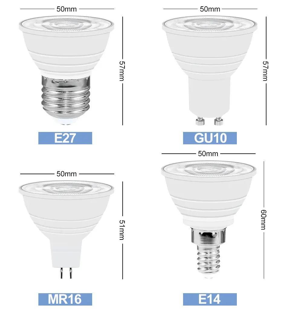 LED Light Bulb E14 MR16 GU10 E27 Base 12V 230V 50W Halogen Replacement LED Spotlight Accent Track Light Recessed Downlight