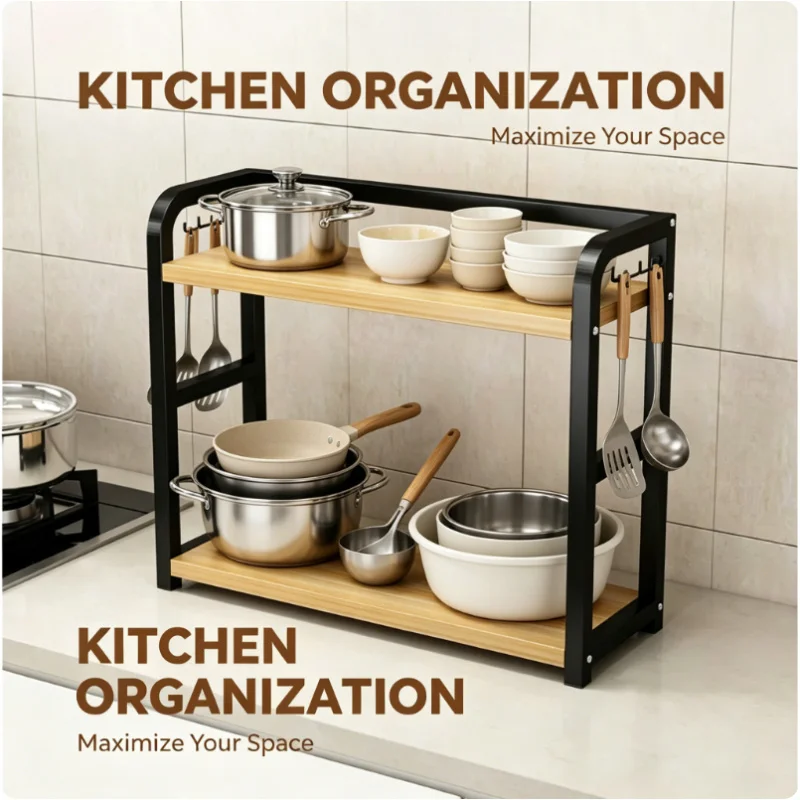 1PC 2-Tier Rustproof Metal Countertop Organizer Rack Space Saving Kitchen Shelf for Coffee Mugs Condiment Storage Home Use