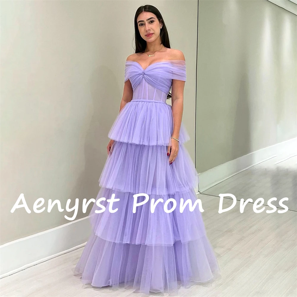 Aenyrst-vestido de fiesta de tul con hombros descubiertos para mujer, traje de noche escalonado, longitud hasta el suelo, color púrpura