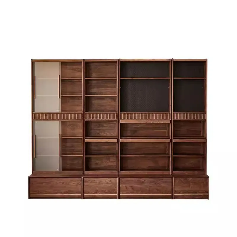 

North American black walnut solid wood combination bookcase, full wall dust display cabinet