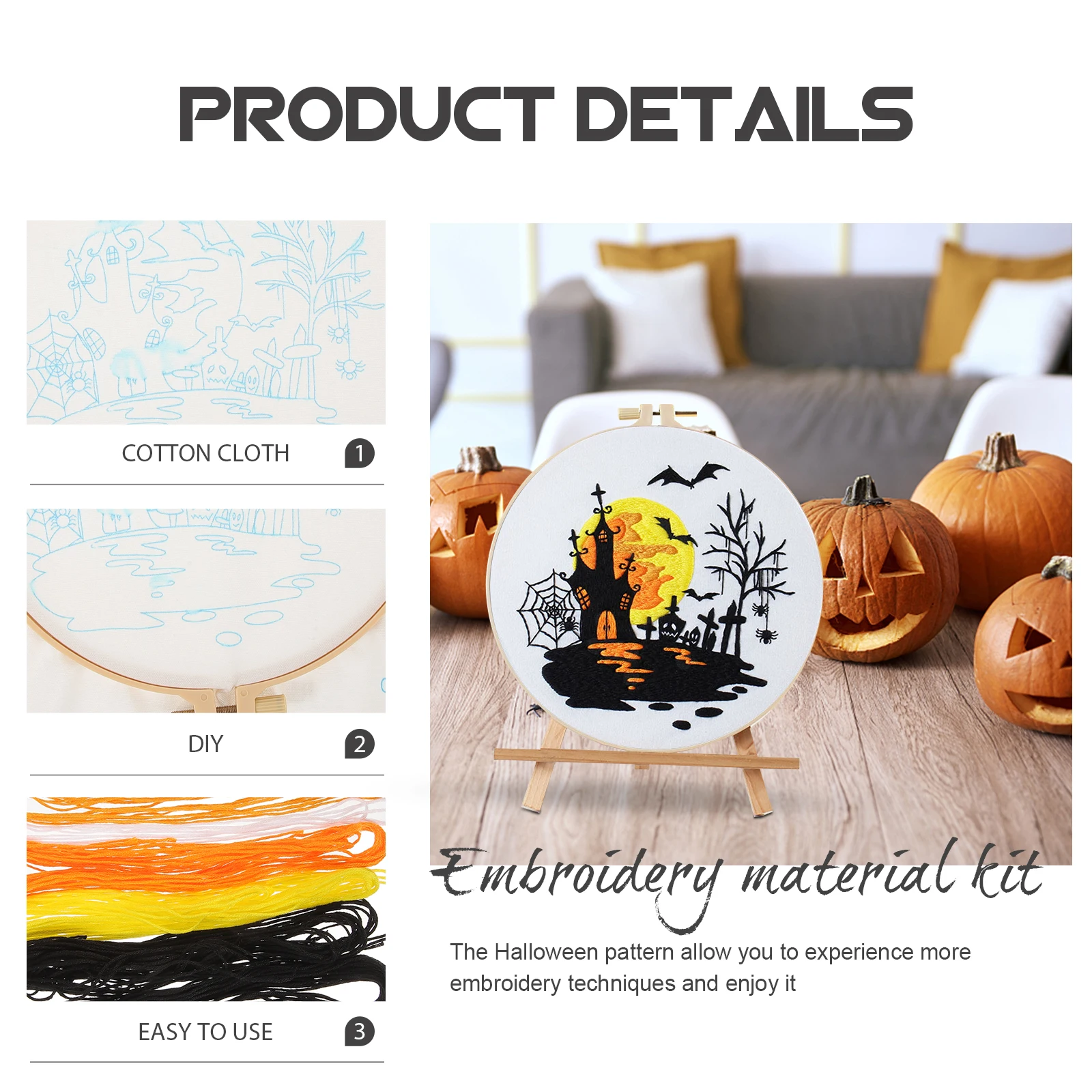 

Pumpkin Bat Cross Stitch Halloween Embroidery Set Beginner Kit for Adults Suite DIY Cotton