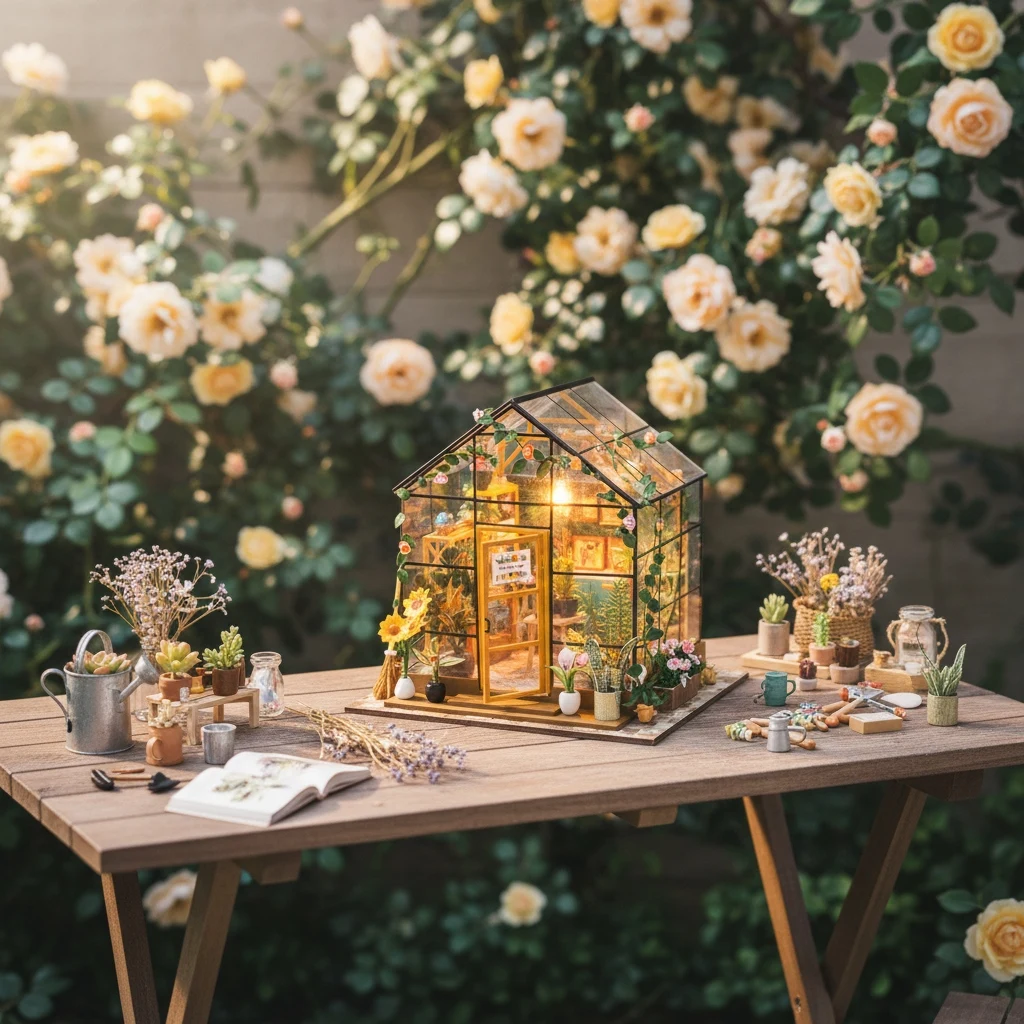 OUZEY 3D Wooden Dollhouse DIY Kit - “Blossom Cottage” with LED Light & Furniture, Creative Flower House Model & Gift