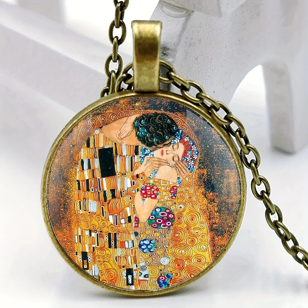 Collana con ciondolo in lega di vetro placcato bronzo 1pc, accessori per collana collezione pittura Vintage per uomo