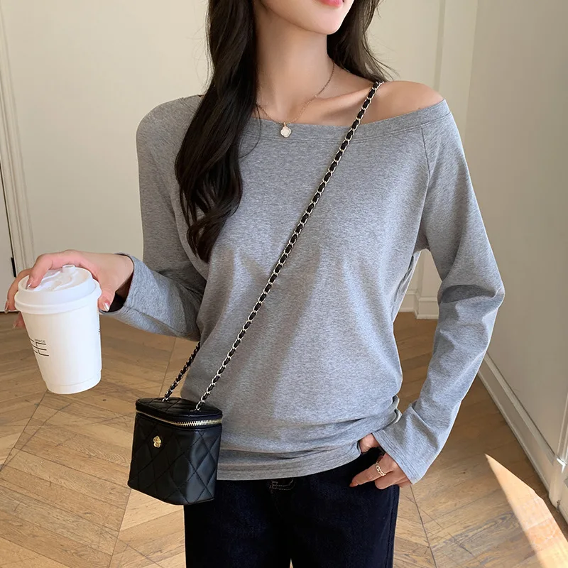 Oblique collar one-shoulder two-way base shirt inner wear pure desire long-sleeved t-shirt women's autumn and winter loose slim