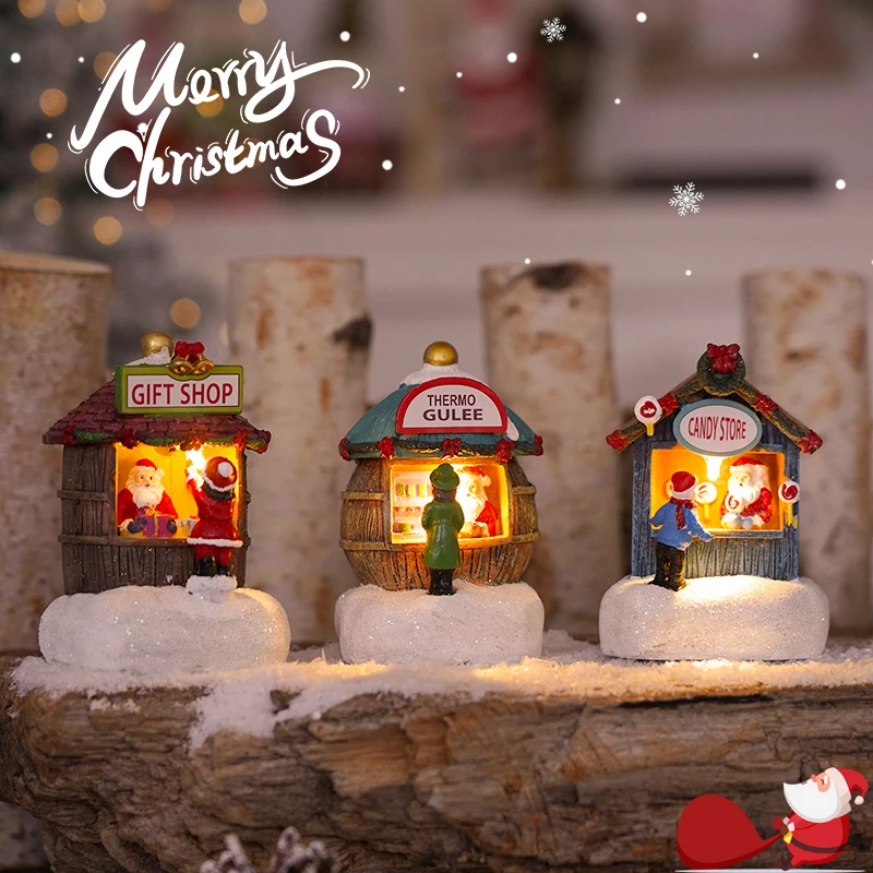 LED Christmas Scene Village House Ornaments Decorations Building for Party Office Desktop Xmas Decor Holiday Popcorn House