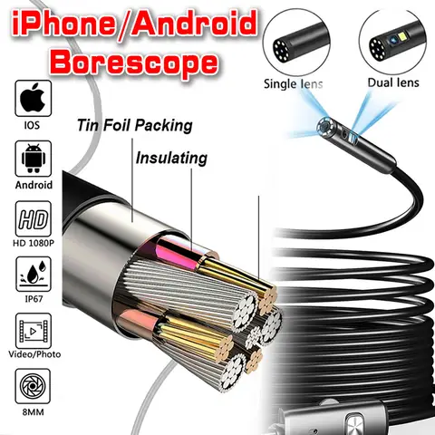 8mm 1080P Endoscope Automotive Boroscope Inspection Device Camera For Apple Iphone IOS Smart Phone Android Type C Cars Mobile