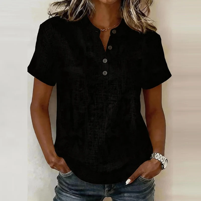 Summer Short Sleeve Basic Blouses Women's Shirts Solid Color V Neck Button Shirts Women Casual Cotton Linen Loose Tops Pullover - view 2