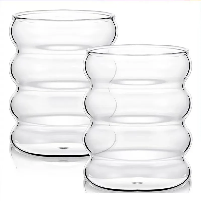 2/3PCS Beverage Glasses Wave Shape Vintage Glass Cups Ripple Threaded Cold Drink Coffee Cup for Milk Juice Champagne Cocktail