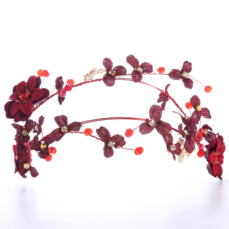 Red Color Crystal Flower Headband Hairband Tiara For Women Bride Rhinestone Bridal Wedding Hair Accessories Jewelry Headband