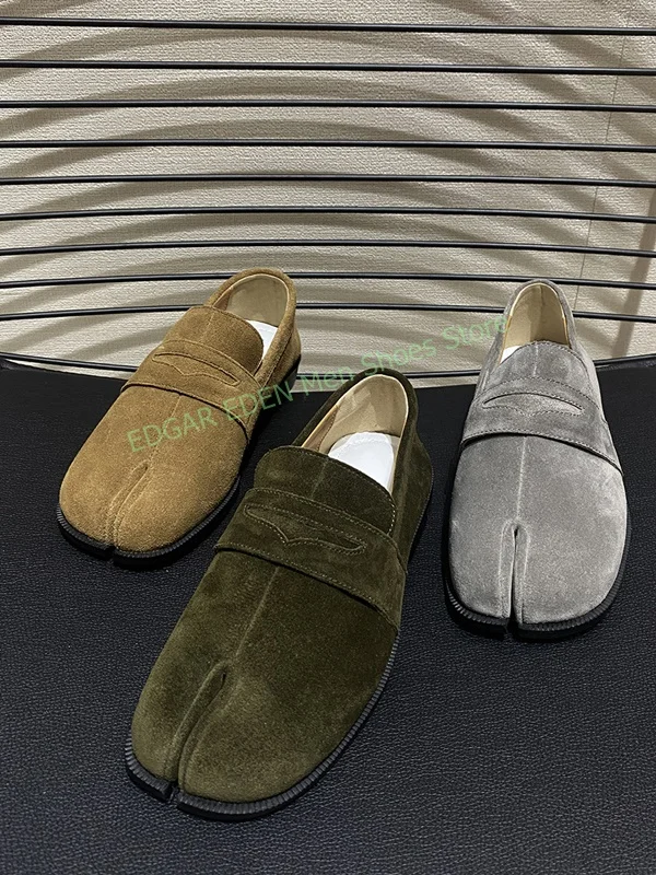 Vintage Men Faux Nubuck Split Toe Loafer Shoes Flat Heel Breathable Slip On Male Retro Single Shoes Brown Green Grey Shoes