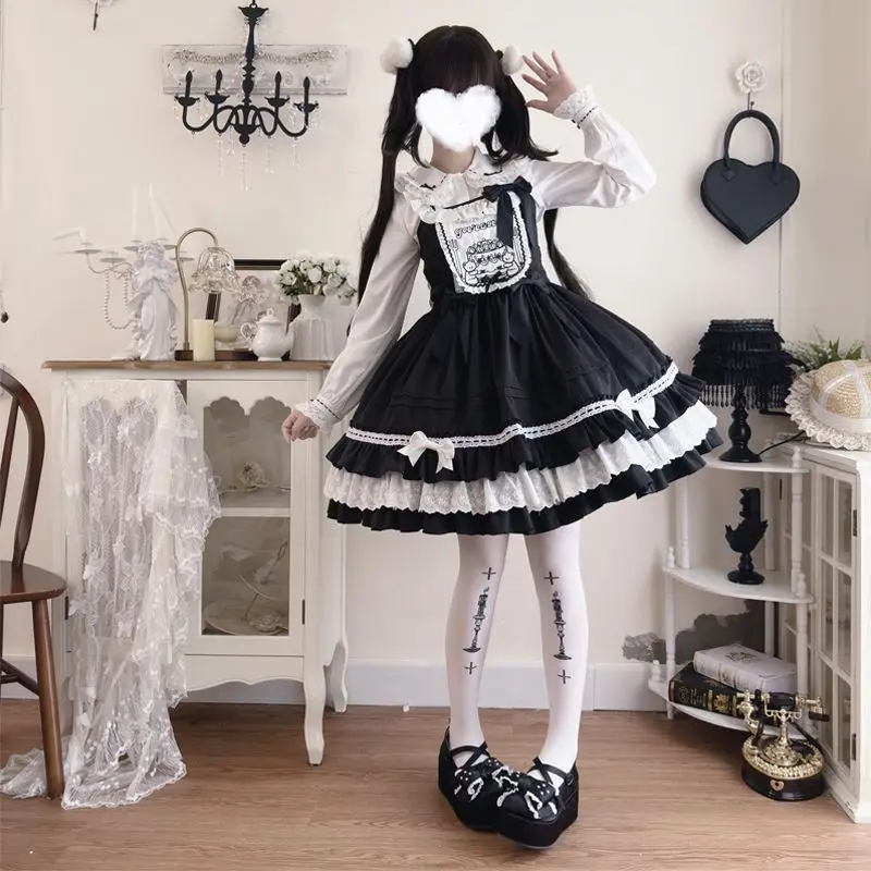 Kawaii Princess Sweet Lolita sukienka z falbankami JSK letnia sukienka na szelkach dziewczęca koronkowa sukienka z kokardką Party Loli