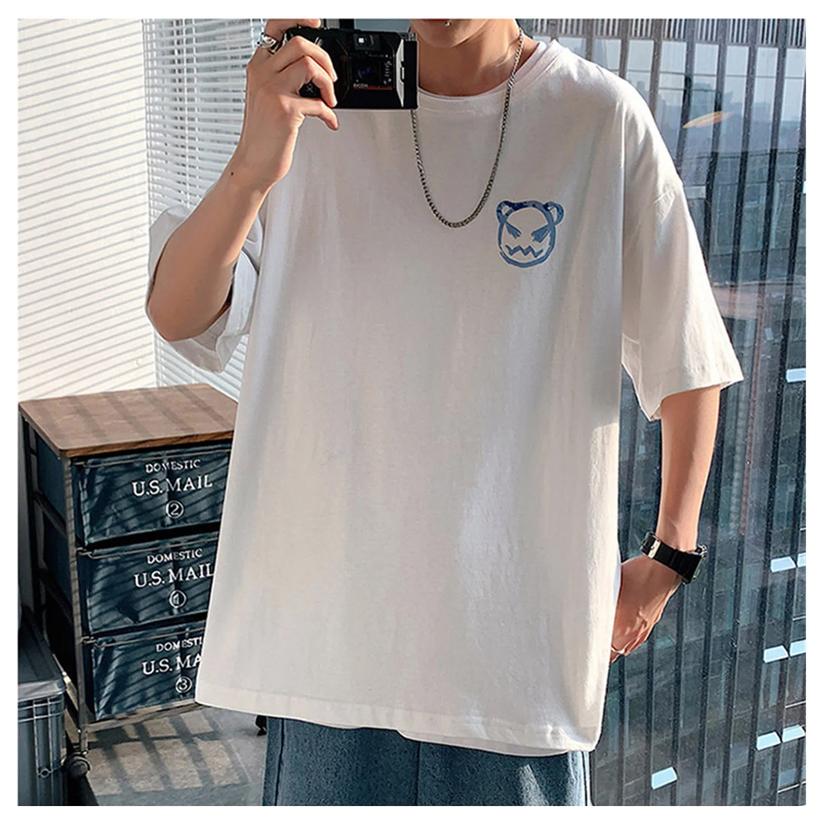 Half Sleeve Crew Neck T-Shirt Trendy Student Loose Sports Cartoon Evil Tops for Daily Shopping Outfit