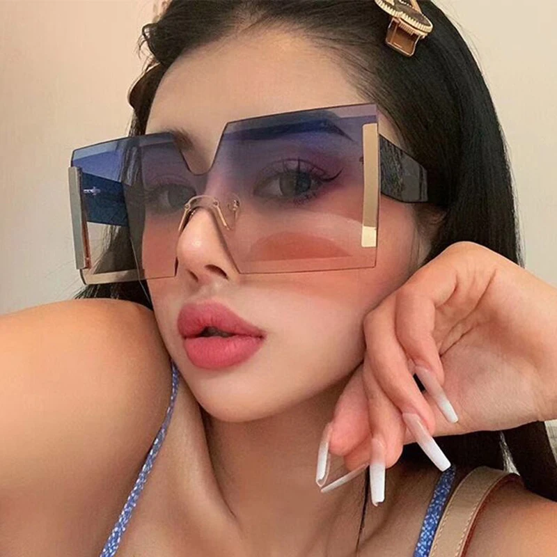 2023 Fashion New Women Oversized Rimless Sun Glasses Vintage Gradient Tea Cool Sunglasses Ladies Uitravioler-proof