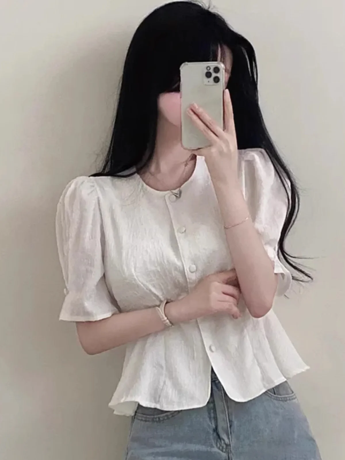 

Slimming Effect ort Bubble Sve irt Women's Hong Kong Sle Design Sense Unique Summer Faionable Waist Cinched irt