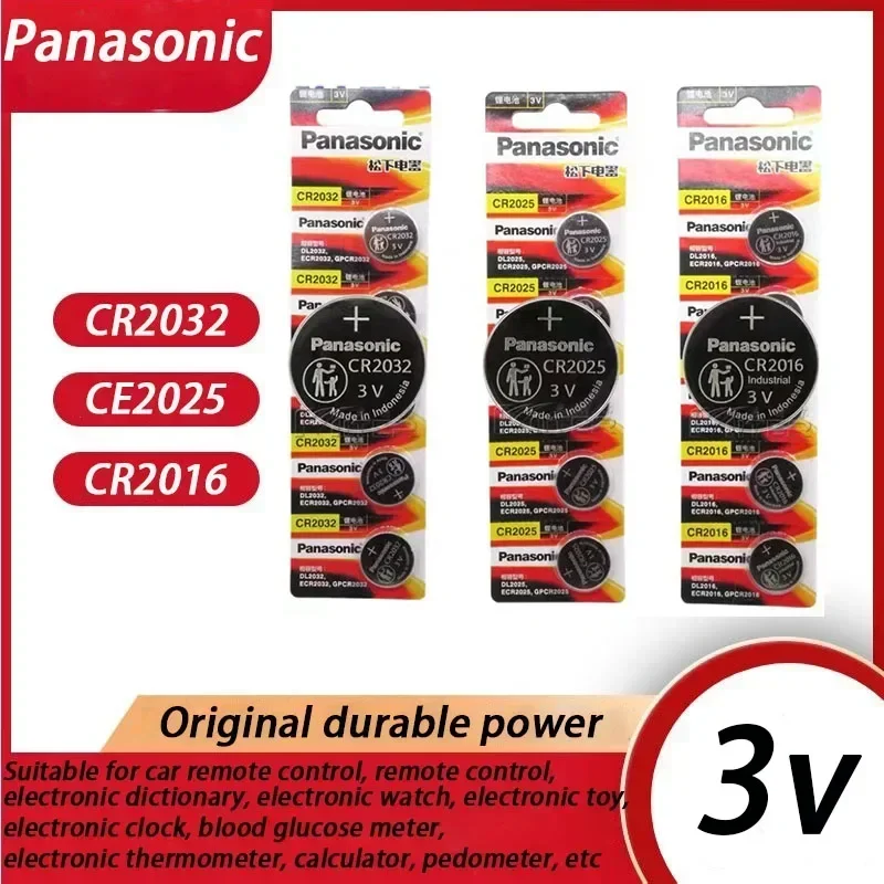 Panasonic baterias alcalinas, relógio de brinquedo calculadora, 3V, CR2032, CE2025, CR2016, CR1632, CR1620, CR1616, CR1220, 5pcs