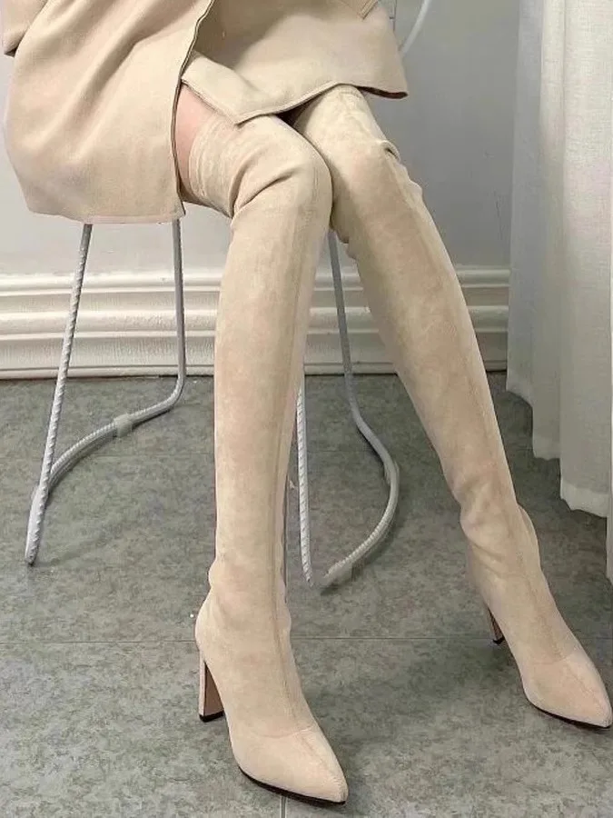 2025 New Elastic Over-Knee Long Boots Velvet Surface Thi Heel Pointed Toe Slim Boot High Heel Long Boot Korean Sle Faio...