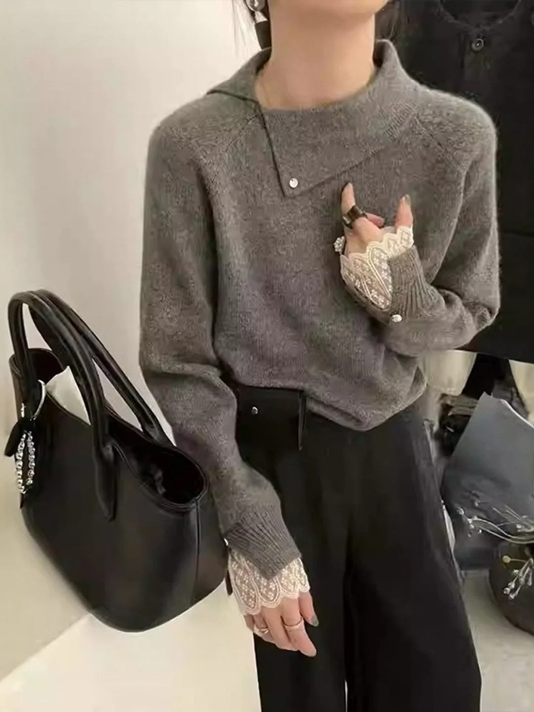 

Элитный трикотажный свитер больших размеров с кружевным воротником и асимметричным дизайном, универсальный, комфортный, с длинными рукавами, цветной