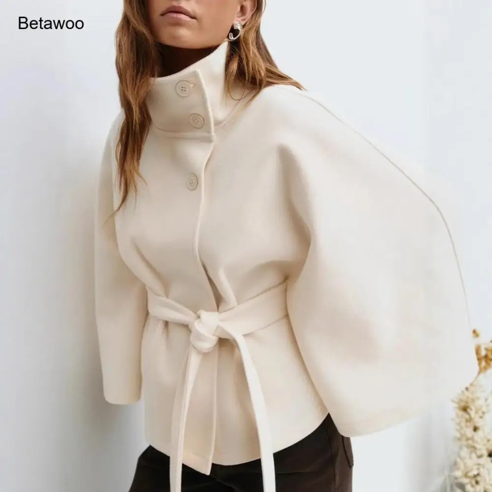Camel Wool Cape Coat Women Fashion Belted Stand Collar Short Outerwear with Waist Tie