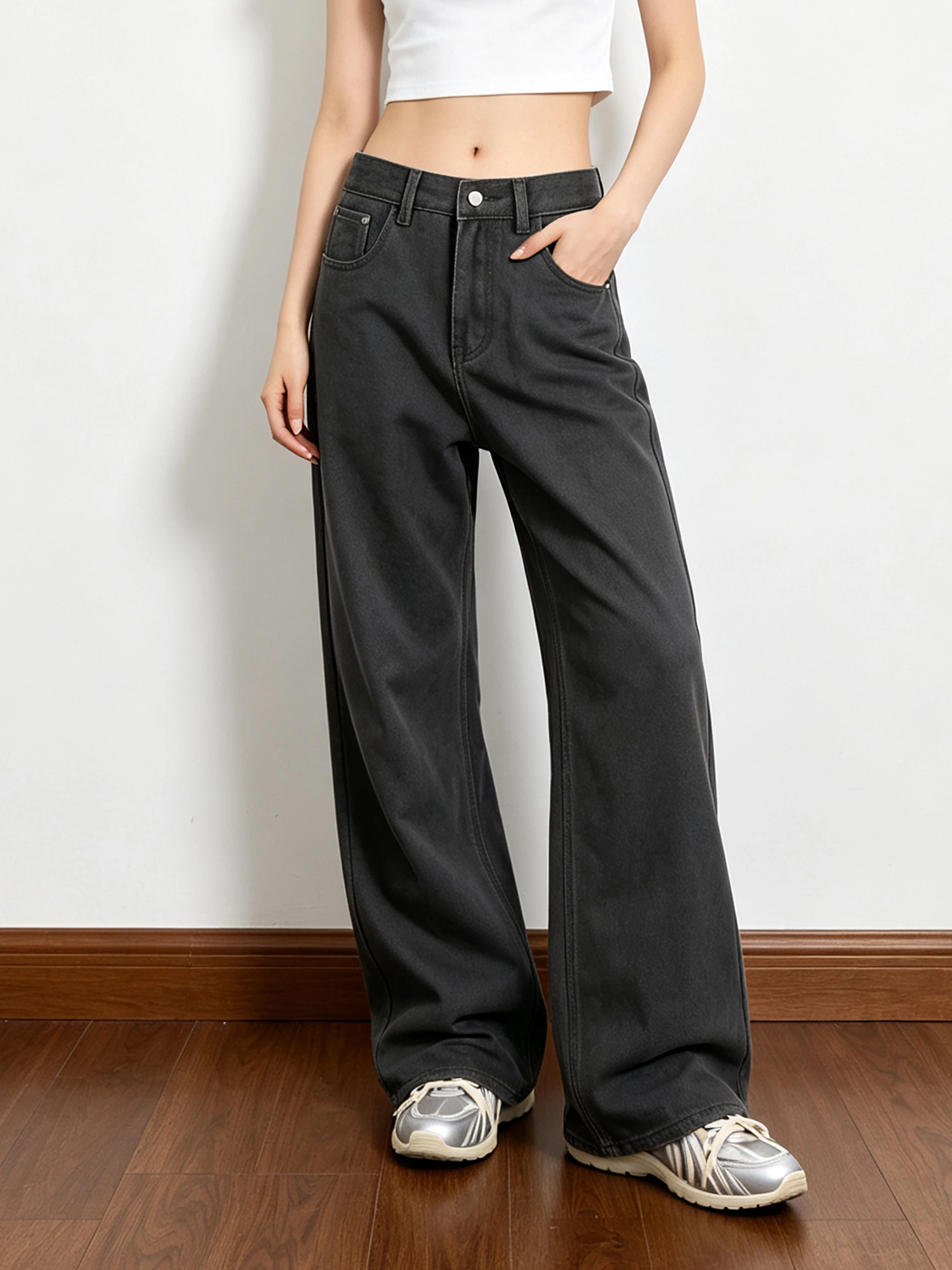 Retro American Washed Wide Leg Casual Pants Loose Couple Straight Tube Jeans Cotton Natural Waist Button Closure Printed