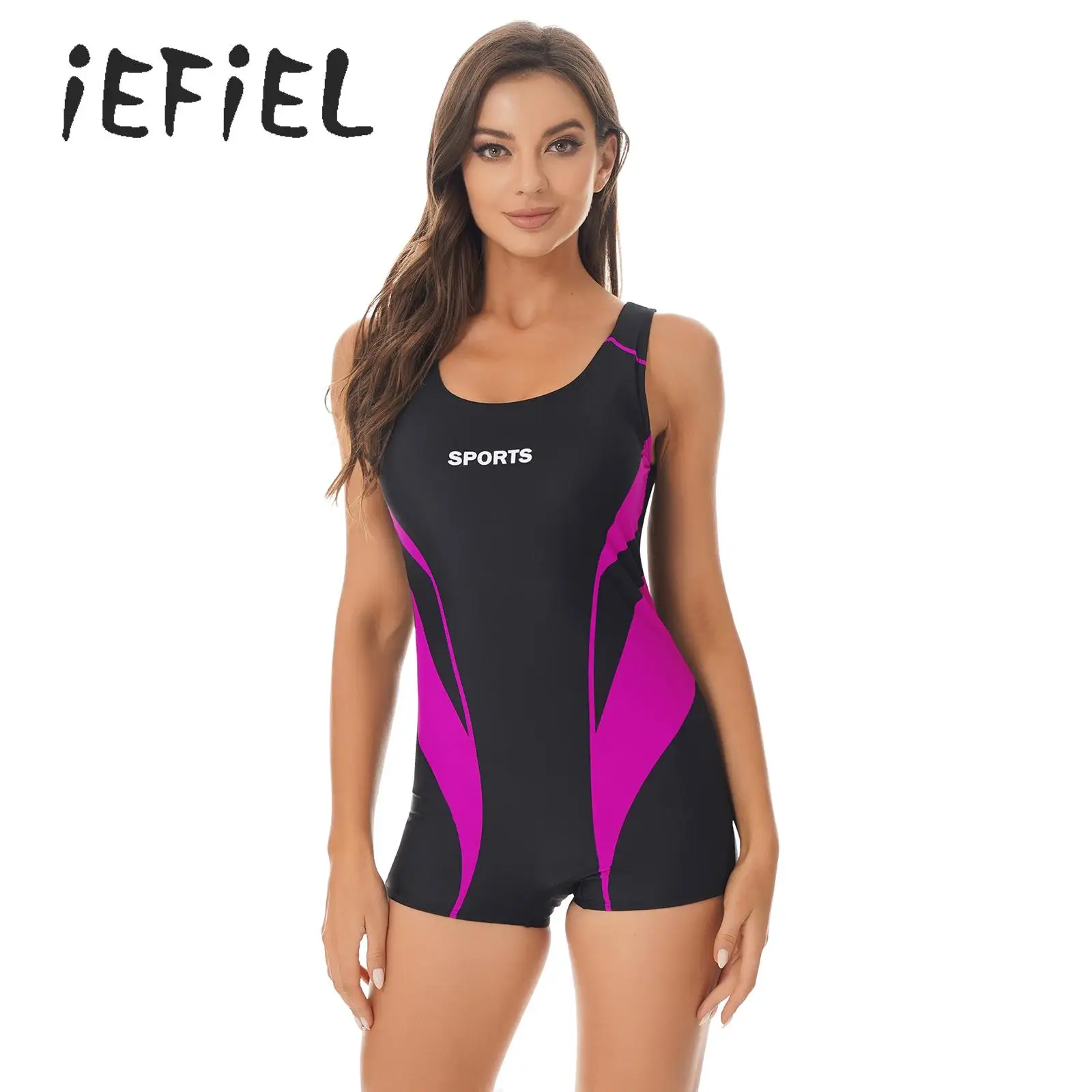 

Women One Piece Modest Swimsuit Boyshort Sleeveless Rashguard Swimwear Contrast Athletic Bathing Suit Bodysuit Surf Wear