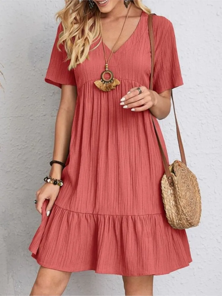 Dress for women Summer loose casual v neck short-sleeved waisted flowing dresses pleated cake elegant commuting female vestido