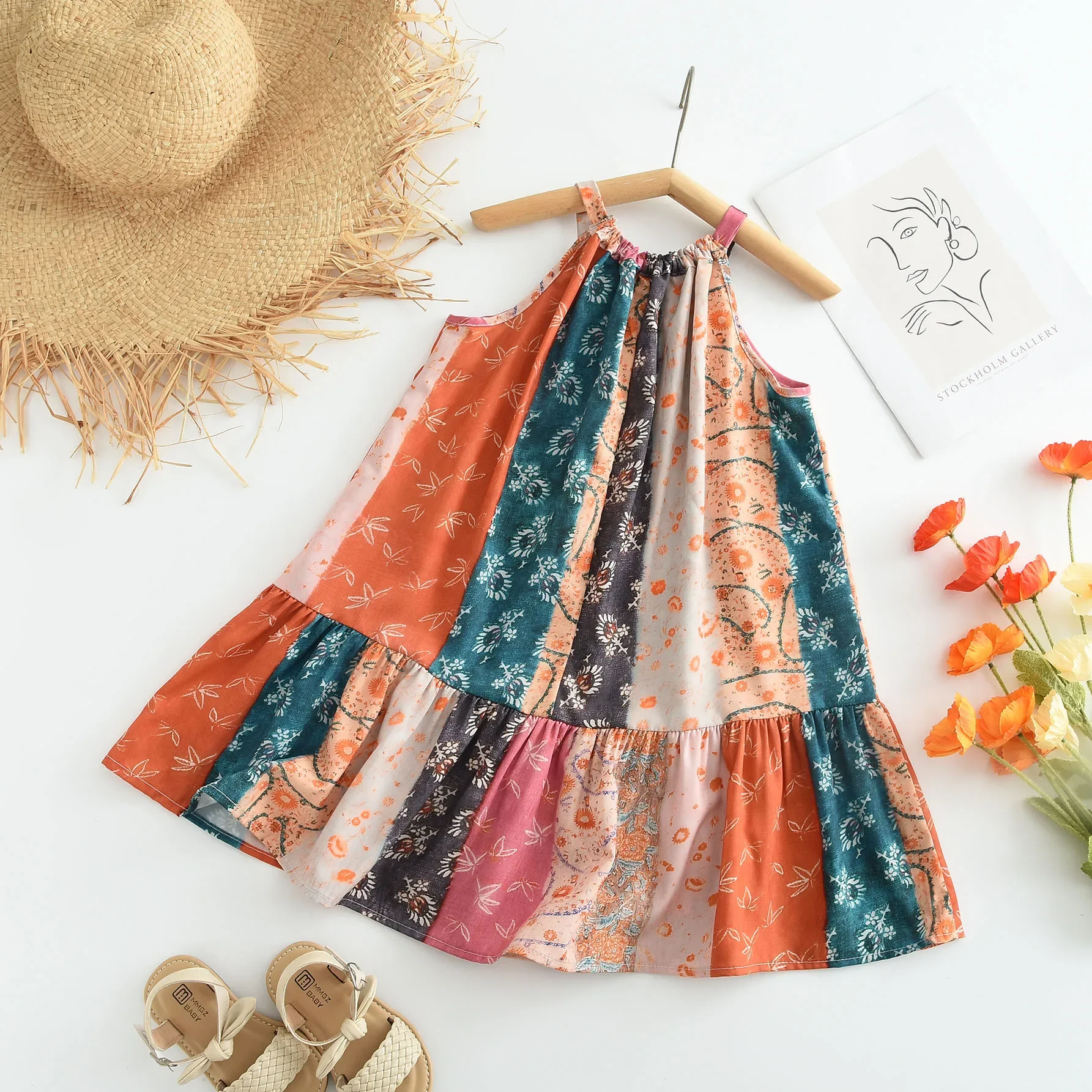 Girls Casual Dresses Floral Print Halter Sleeveless Top Girls Dress Kids Clothes for 2 To 7 Years Chinese Traditional Dress