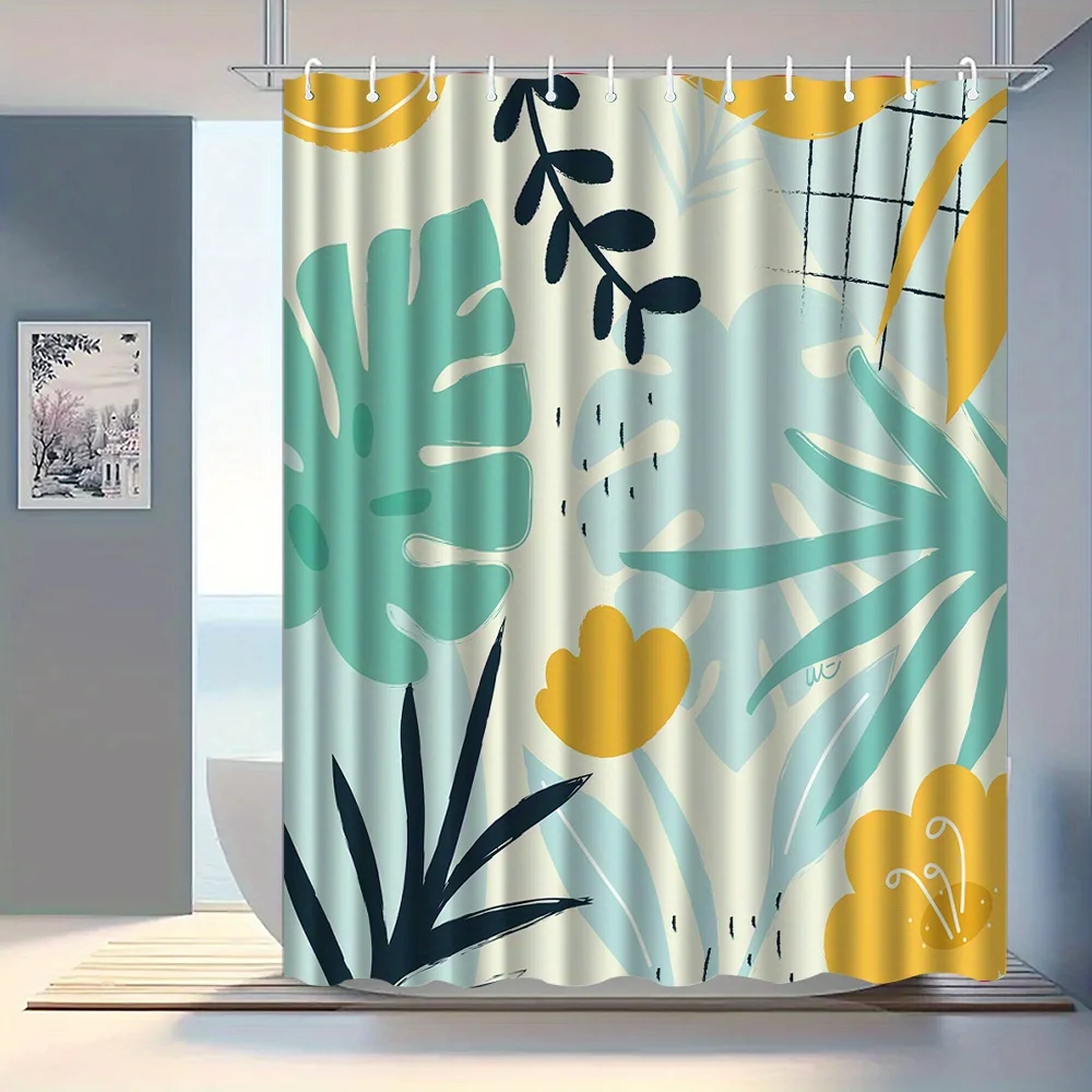 

1pc Leaf and floral patterned shower curtain with hooks, machine washable polyester, suitable for bathroom décor.