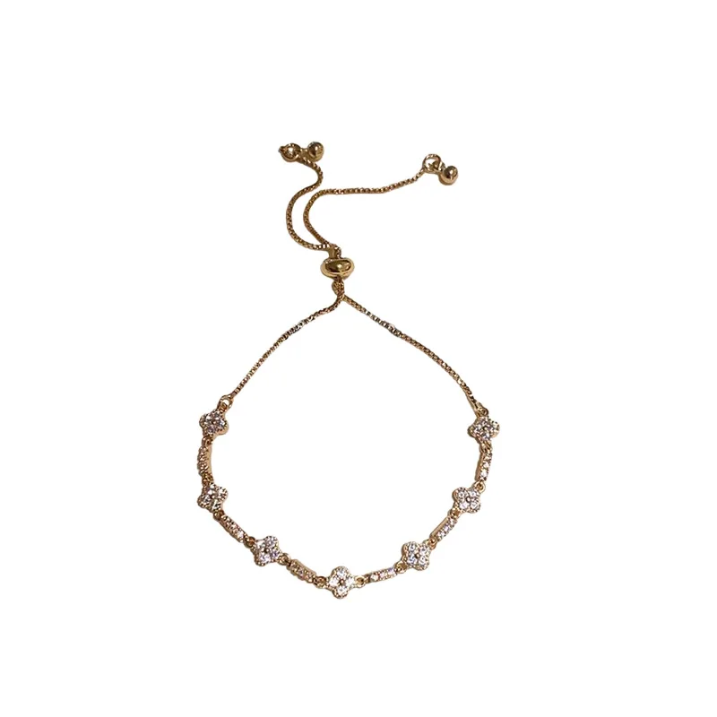 Fashion Lucky Four Leaf Clover Bracelet Women's Shiny Zircon Adjustable Drawstring Chain Daily Dating Wrist Jewelry Accessories
