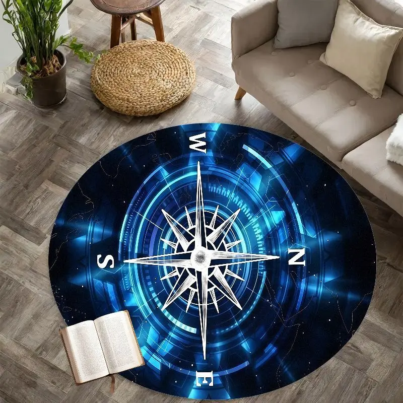 Compass Rose Blue Tech Round Rug Navigation Theme Floor Map Study Room Decor Adventure Seeker Gift Modern Style