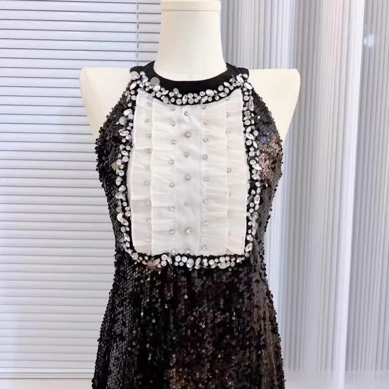 Sweet Girl Summer Black Sequins Sparking Slim Mini Dress High Quality Luxury Women Sleeveless O Neck Diamonds Prom Party Vestido