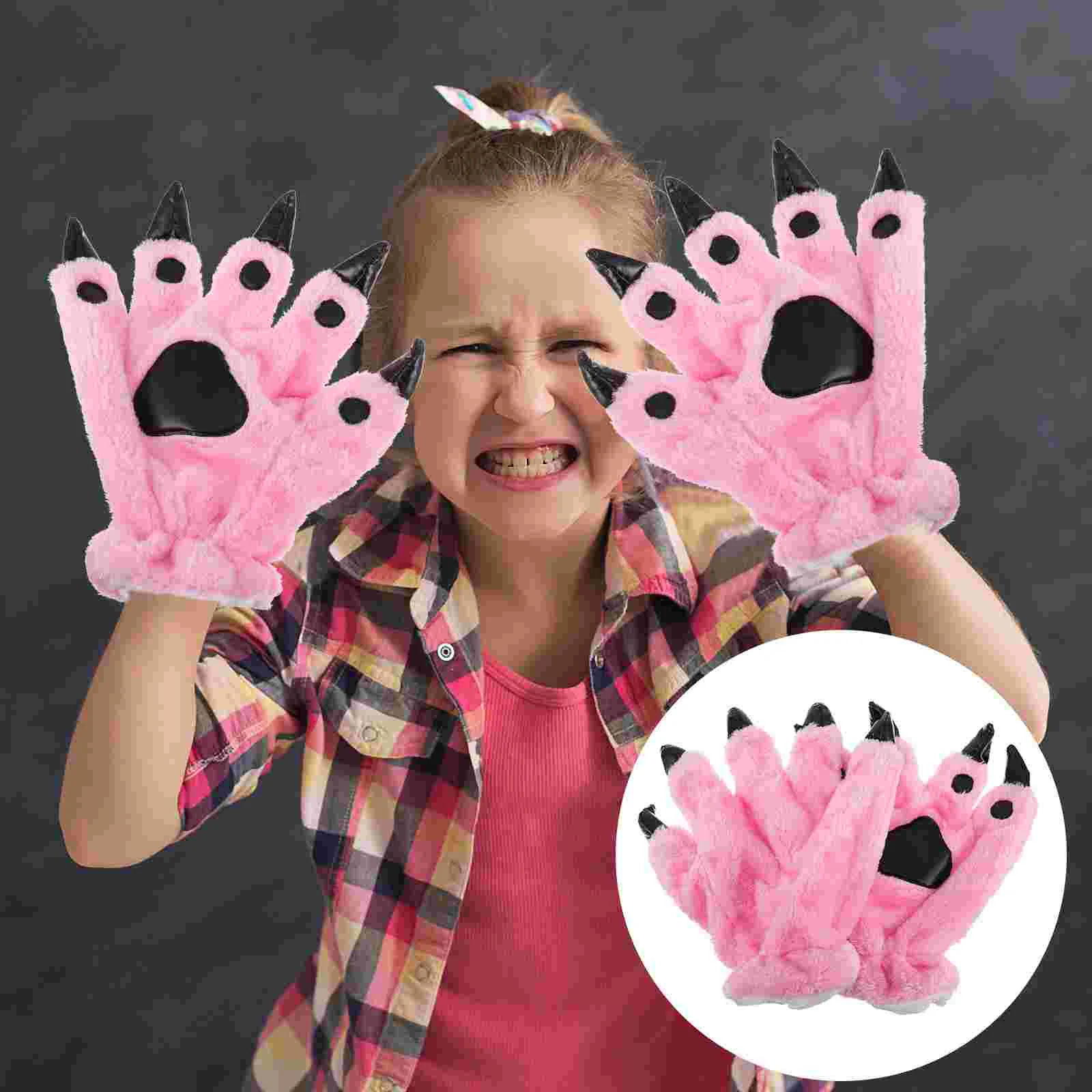 Children's Place Girls Clothes Gloves Warm Winter Role-play Prop Thicken Hairy Palm Supplies Pink