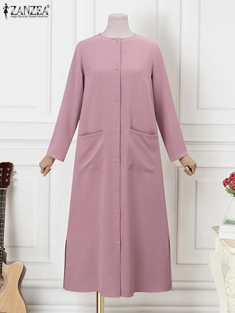 ZANZEA Ramadan Abayas For Women Muslim Long Shirt Dress Long Sleeve Buttons Sundress Eid Robe Islamic Vestido Turkey Kaftan