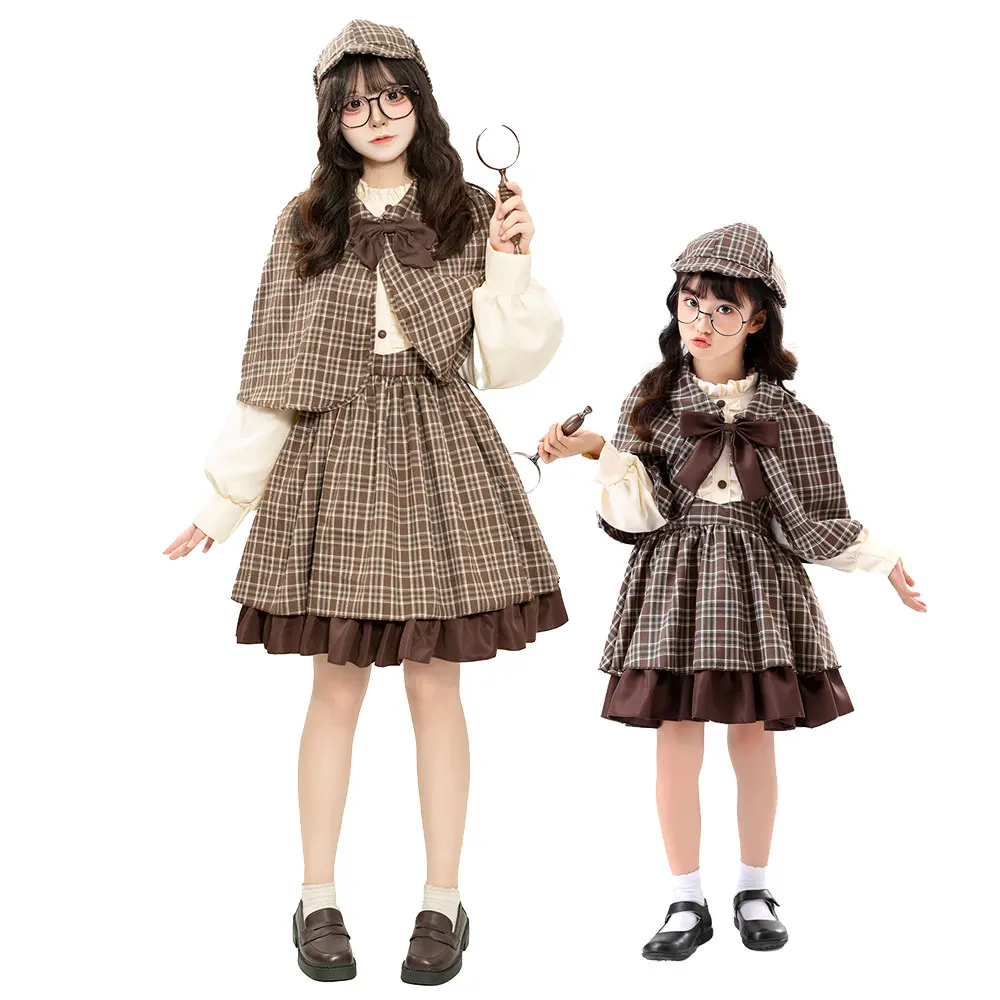 Adult & Kid Detective Cosplay Costume British Style High Collar Long Sleeve Detective Dress Reasoning Game Women Halloween Dress