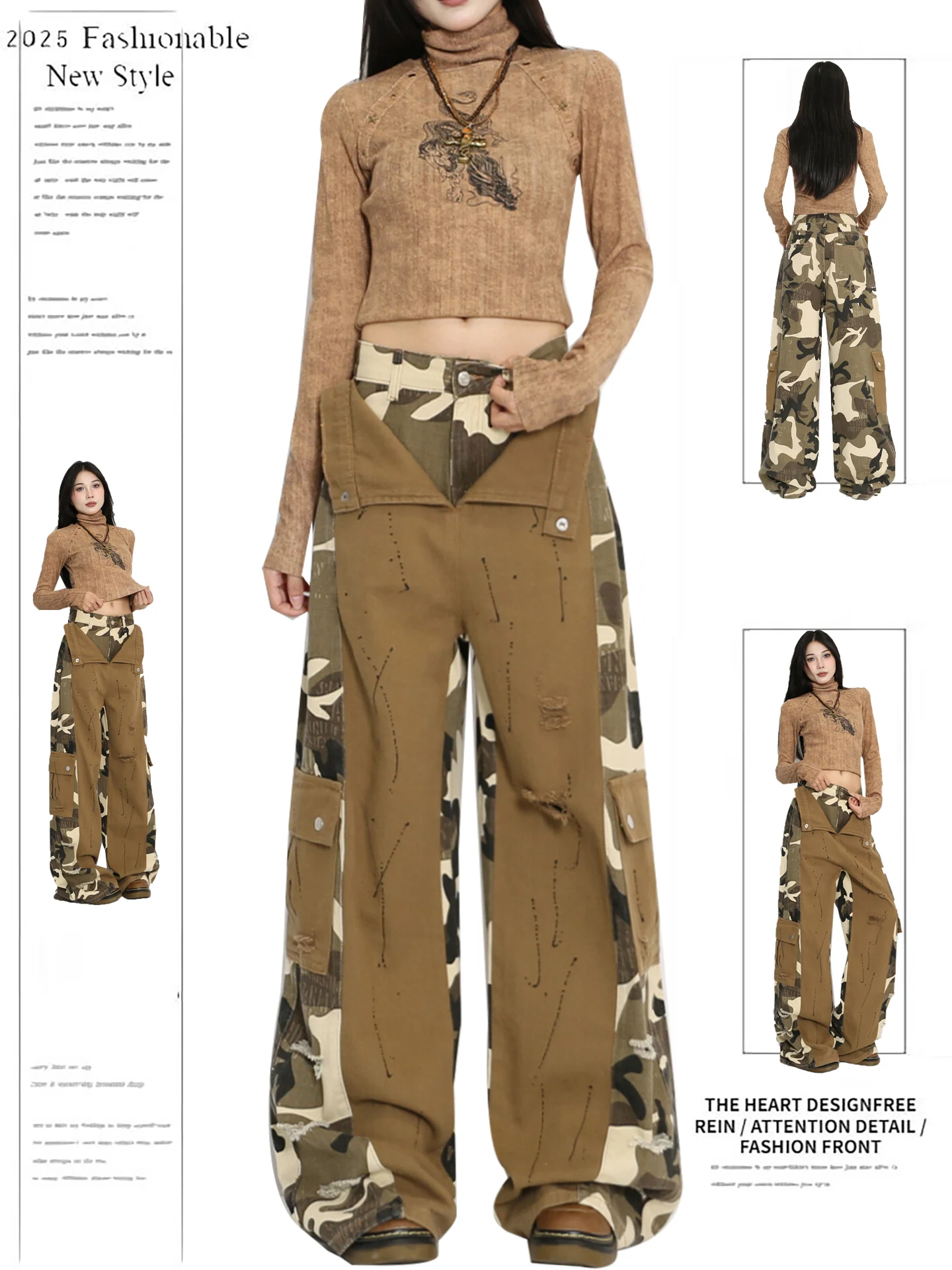 

Американские ретро камуфляжные лоскутные широкие джинсы для рабочей одежды, женские повседневные брюки из двух частей с высокой талией на осень