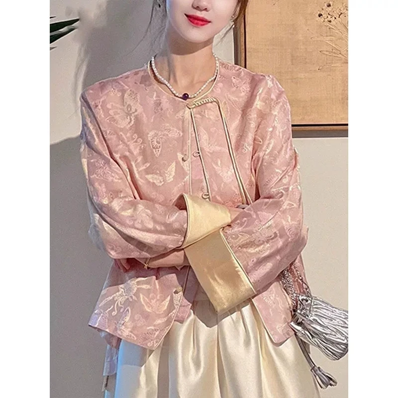 

New Year's Battle Robe National Style Women's Pink Coat Spring Clothes Small Chinese Buckle Zen Cardigan Top