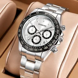 STARKING 2023 New Multifunctional Quartz Watch Fashionable Three Eyes Panda Dial Stainless Steel Men Watch 30M Waterproof Reloj