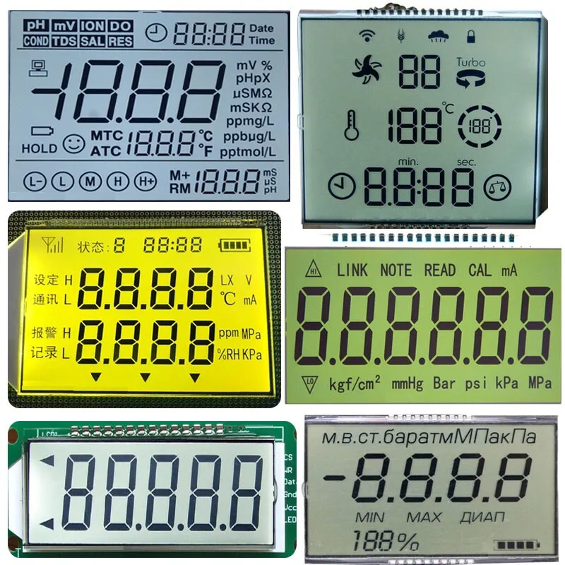 Pantalla LCD personalizada de tamaño pequeño, fabricante de pantallas sin marco, molde VA, película negra, pantalla a color, TN, código de segmento en blanco y negro