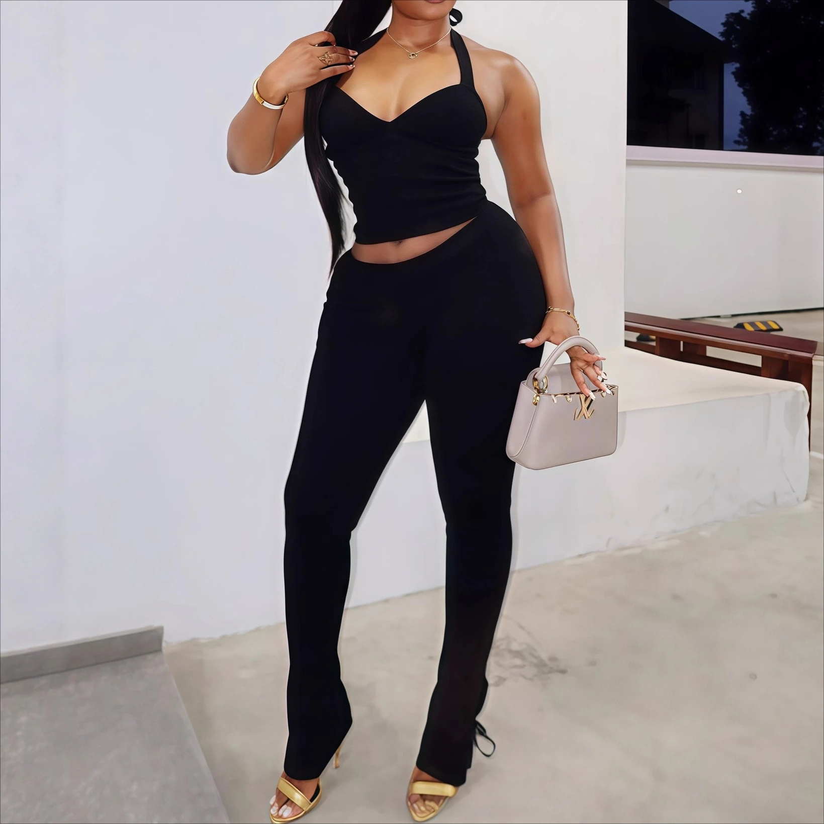 

Two Pieces Women Pant Sets Solid Skinny Matching Set Sleeveless Halter Cami Elastic Waist Pencil Pants Slim Casual 2026 Summer
