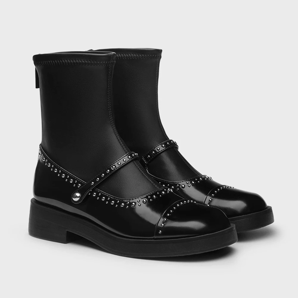 

FWRD Women's PU Leather Rivet Round-Toe Elastic Short Boots, Comfortable Autumn Winter Daily Wear #FWRD000302