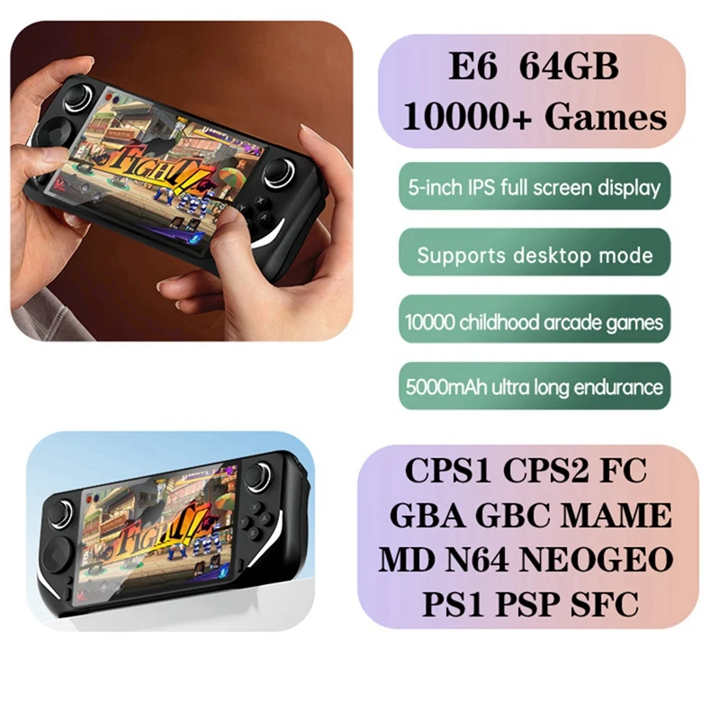 E6คอนโซลเกมมือถือ64GB 10000 + เกมหน้าจอ5นิ้วรองรับ5000mAh สำหรับ GBA GBC PSP PS1คอนโซลเกม N64