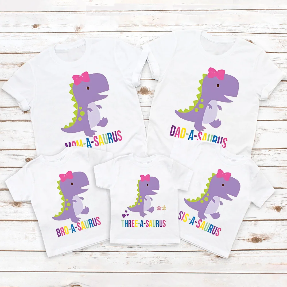 Dinosaur Printed Girl 3 Years Birthday Family Matching Outfit Dad Mom Brother Sister and Me Shirts Kids Birthday Party T-shirt