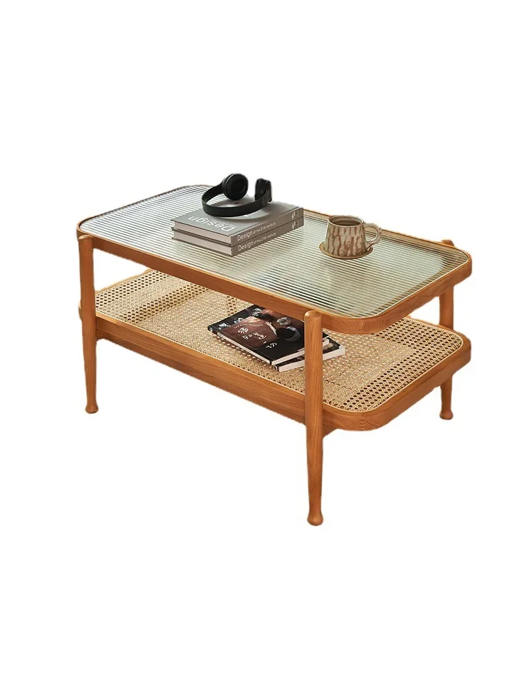 Solid wood rattan woven tea table, white wax wood double-layer tea table, modern and simple home living room, glass small tea