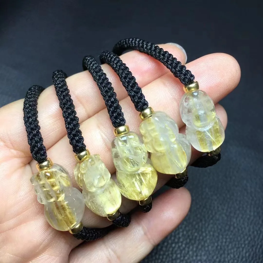 Natural Gold Rutilated Quartz Pixiu Hand-Knitted Woven Bracelet Fashion Jewelry Gift 1pcs