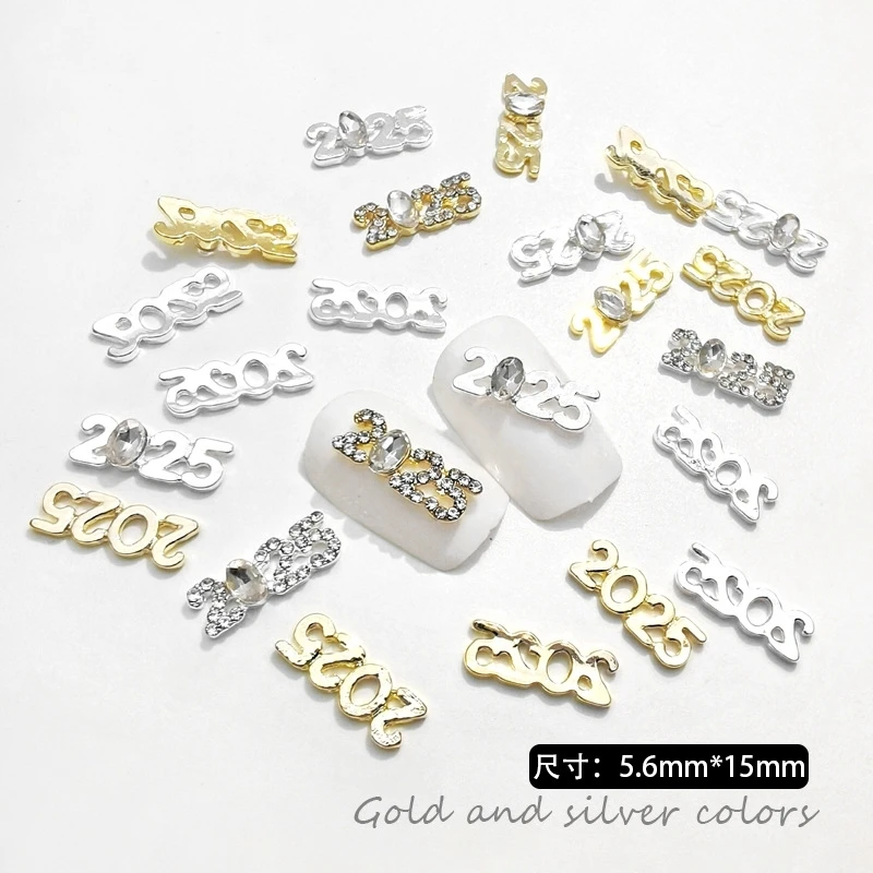 5PCS Gold Silver 2025 Design Nail Charms Jewelry Luxury Alloy Diamond Nail Art Decorations DIY 3D Luxury New Year Supplies Parts