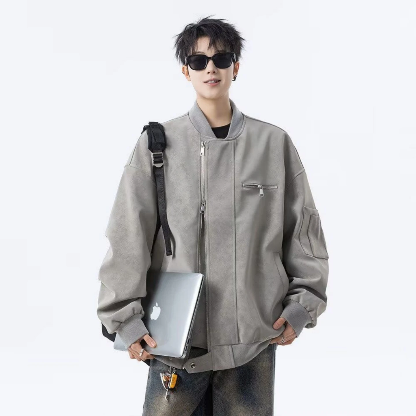 

Cleanfit ort PU Leather Jaet Men's Sle American Retro Stand Collar Baseball orm High Sensation Cool Outerwear